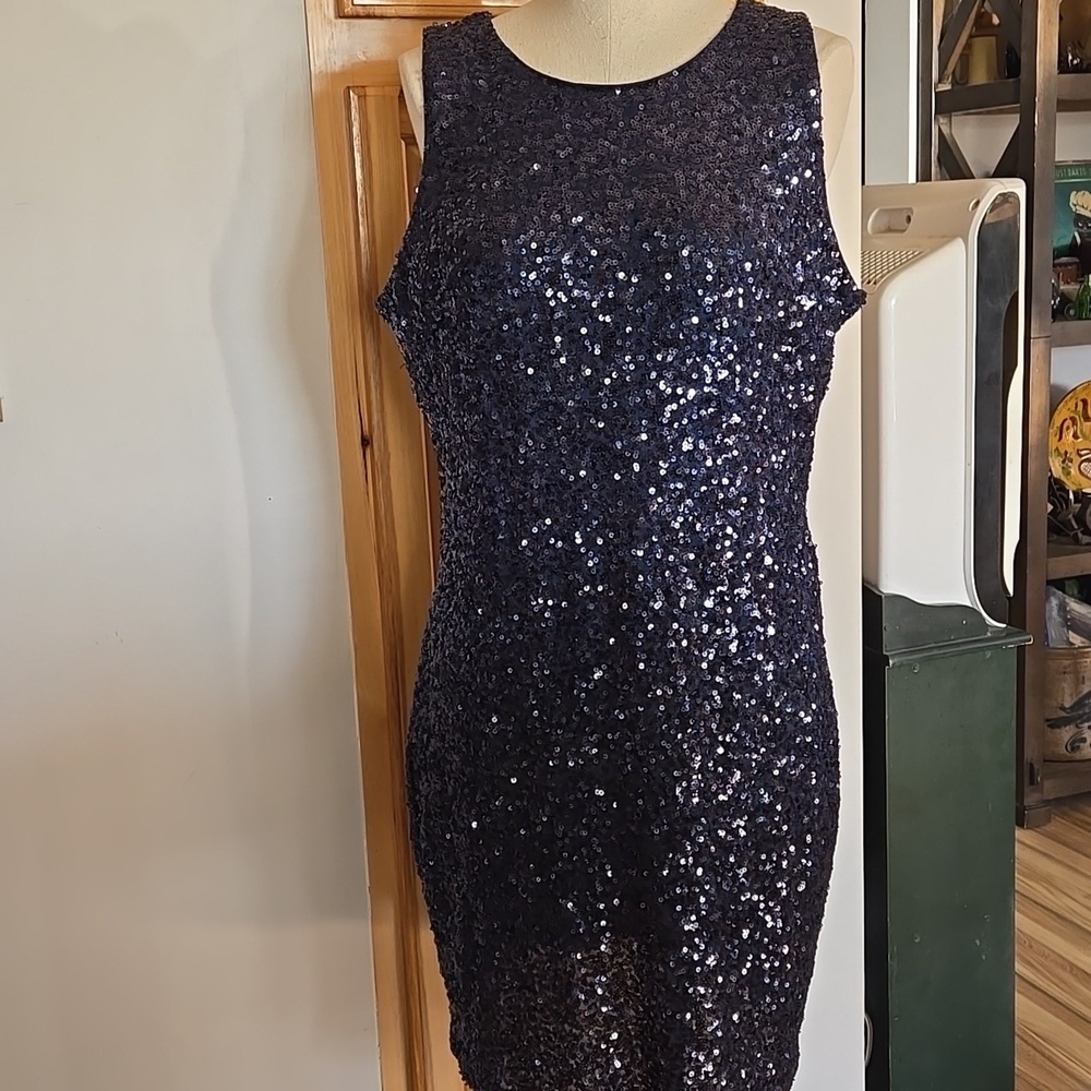 Badgley Mischka Sequin Cocktail Dress Navy Womens Size 14 - Picture 1 of 10